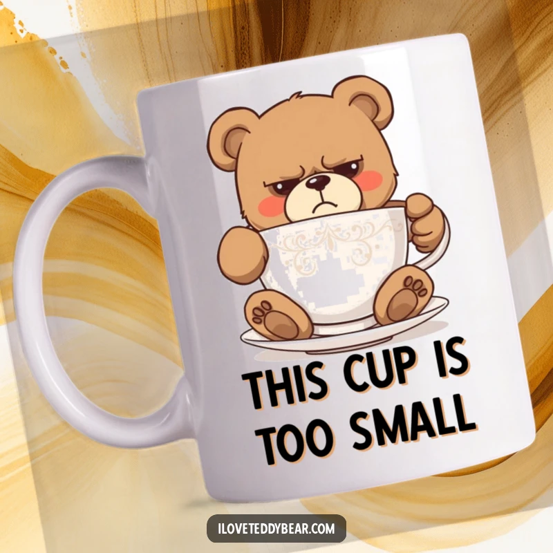 Funny mug with a grumpy teddy bear comically stuck in a small teacup, expressing humorous frustration. Great funny gift.