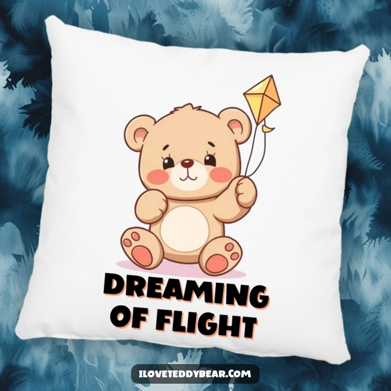 Funny teddy bear pillow featuring a bear with a determined expression, struggling to fly a kite, soft and amusing.