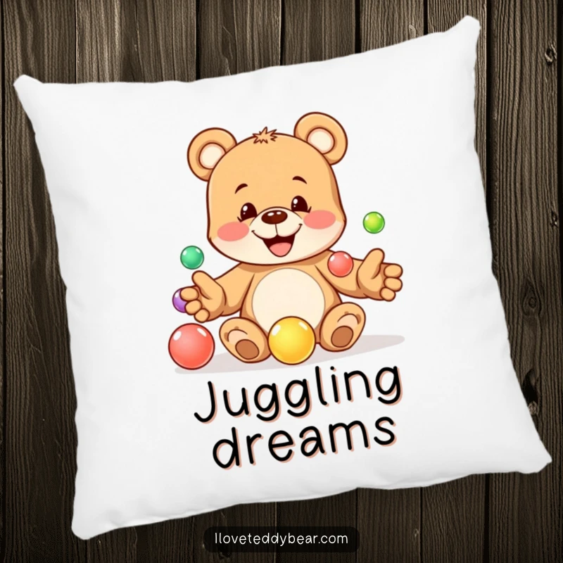Funny pillow with a playful teddy bear mischievously juggling marbles, conveying a sense of fun and skill. An excellent funny gift.