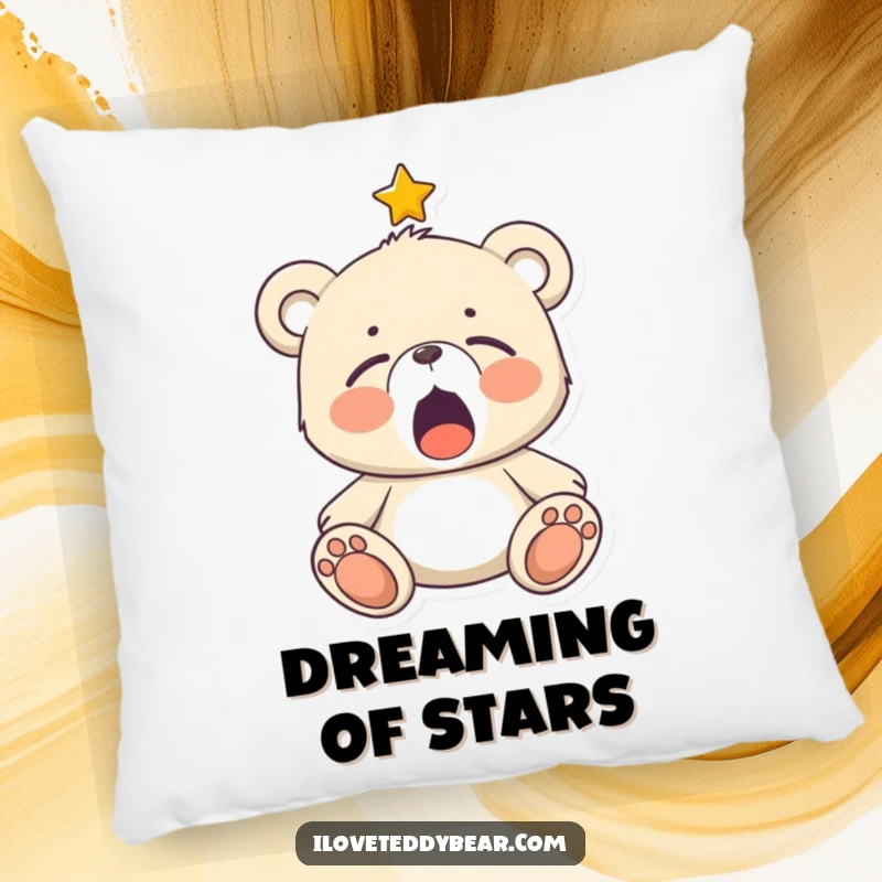 Funny Sleepy Teddy Bear Pillow: A teddy bear yawning under a twinkling star, designed for ultimate cozy comfort and sleep.