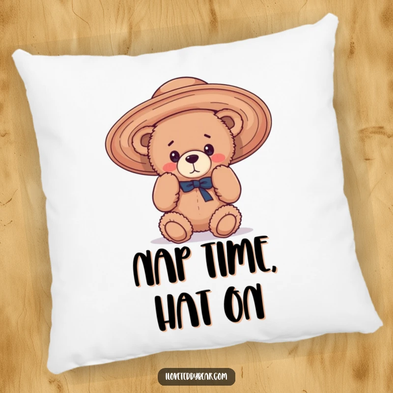 Funny Pillow featuring a teddy bear in a comical situation, hilariously trying to wear a hat that is far too big, adding charm.