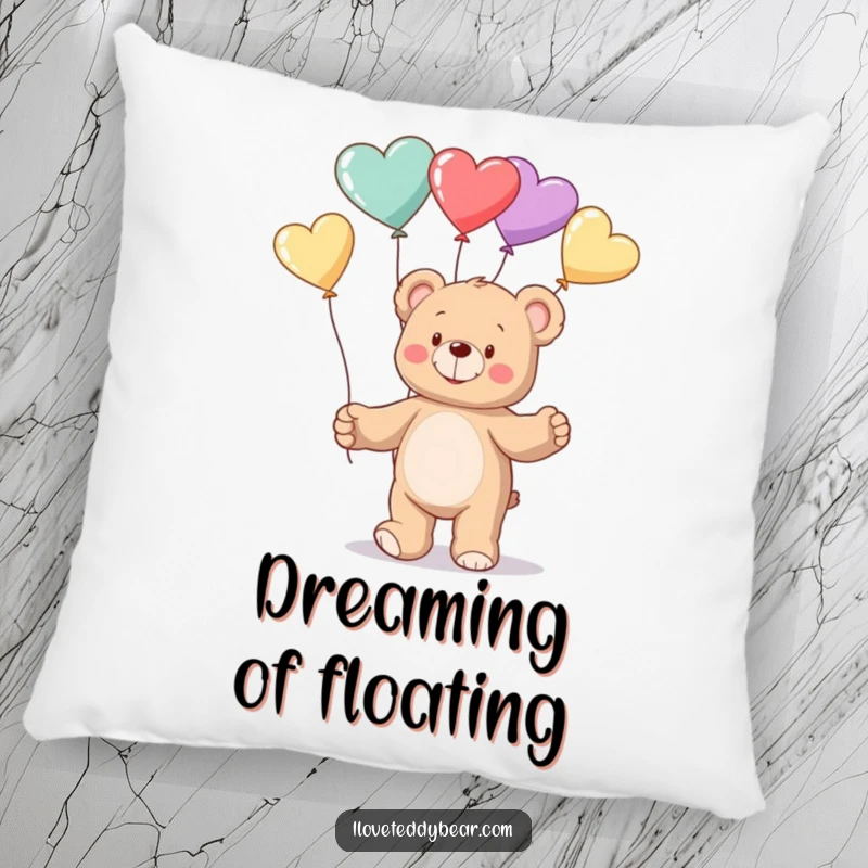 Funny Pillow depicting a huggable teddy bear skillfully juggling several red heart balloons, adding a touch of whimsy to any sofa.