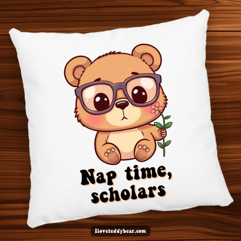 Funny decorative pillow featuring a bear with oversized glasses, looking with wide-eyed surprise at a tiny flower.