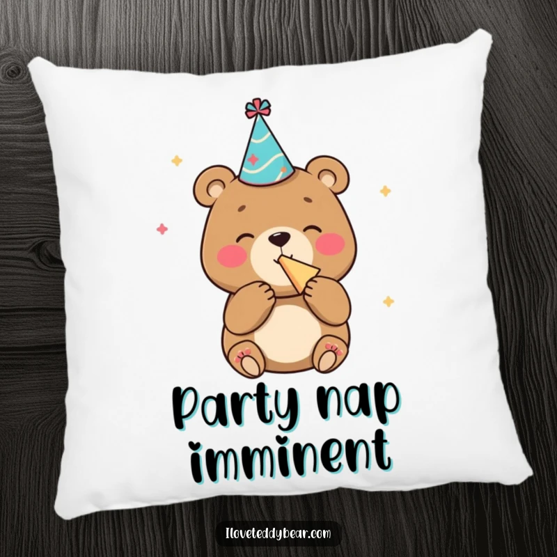 Funny pillow featuring a bear with a party hat blowing a noisemaker with glee, a soft and festive decor item.