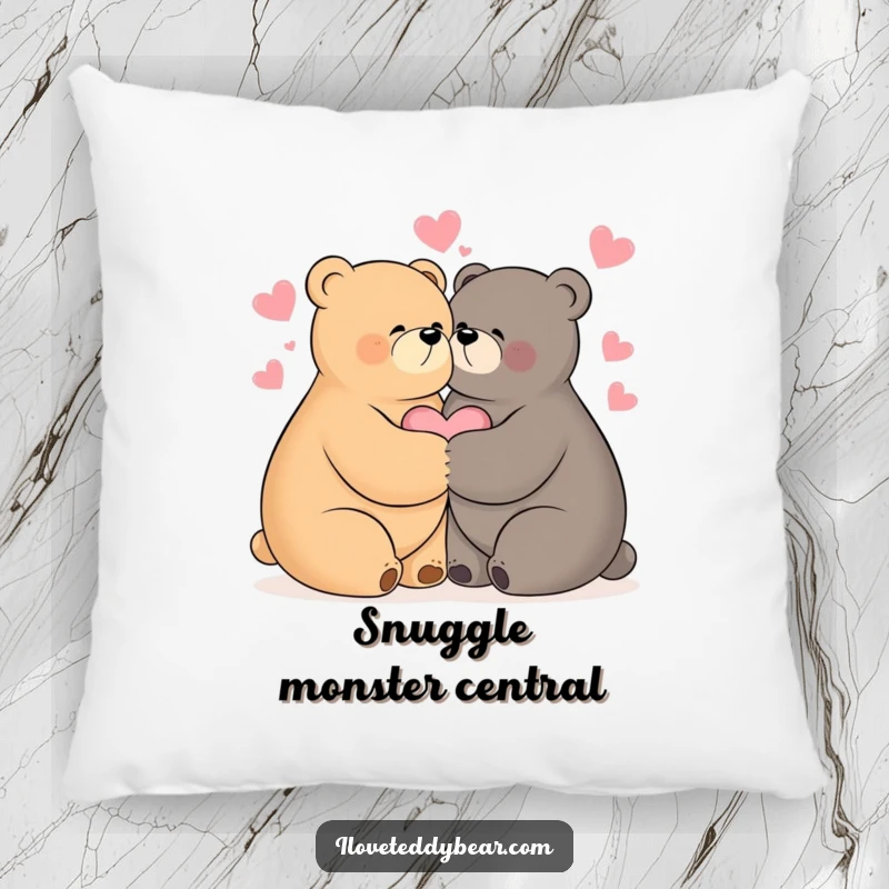 Funny decorative pillow featuring two bears in a tight hug, surrounded by whimsical hearts, symbolizing comfort and love.