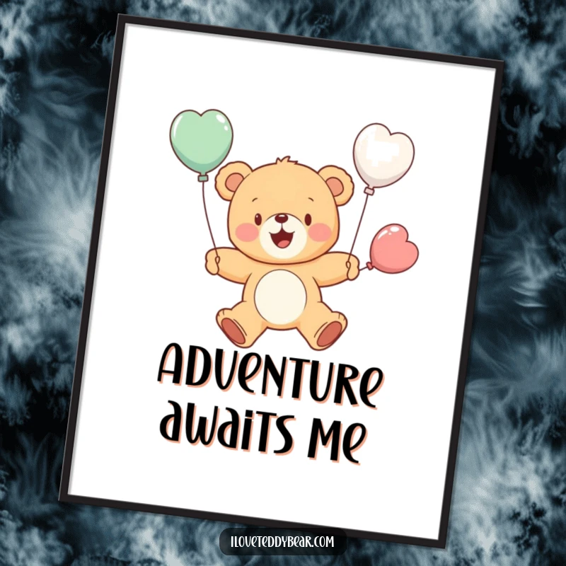 Funny digital art print featuring a cheerful teddy bear attempting flight with balloon wings, conveying hope and humor. A perfect funny gift.