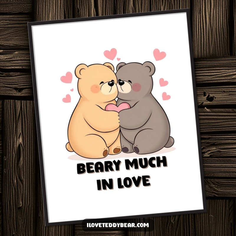 Funny digital art print of two bears hugging tightly, with hearts floating around, symbolizing love and connection.