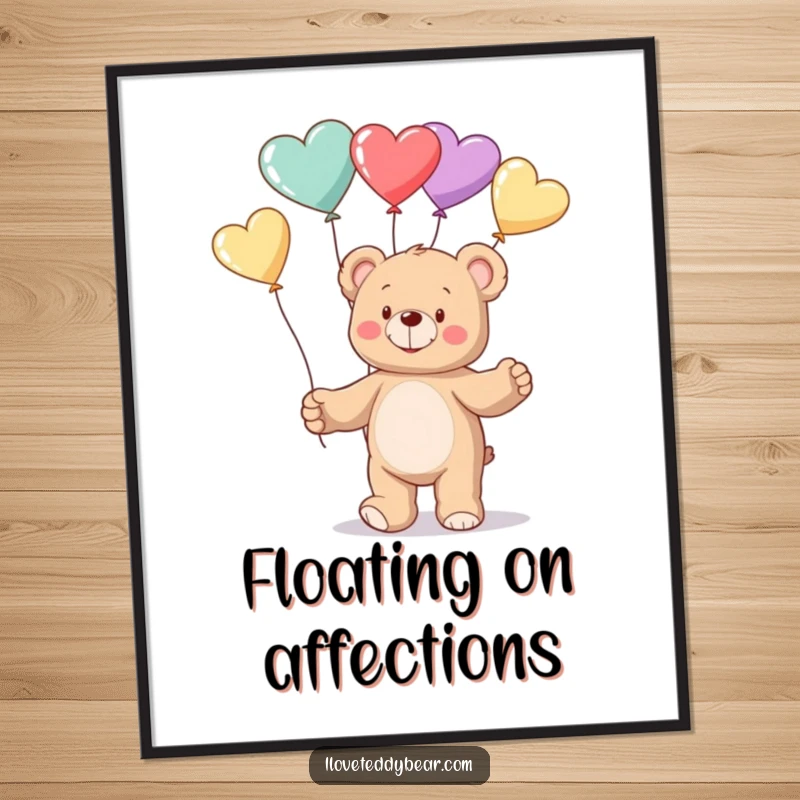 Funny Digital Art Print of a cute teddy bear masterfully juggling a vibrant assortment of heart-shaped balloons, ready to be printed and framed.