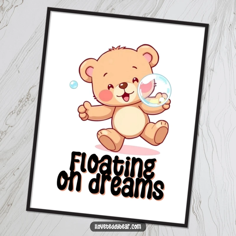 Funny Digital Art illustration of a teddy bear ecstatically chasing a grand, shimmering bubble, capturing a moment of pure, unadulterated joy.