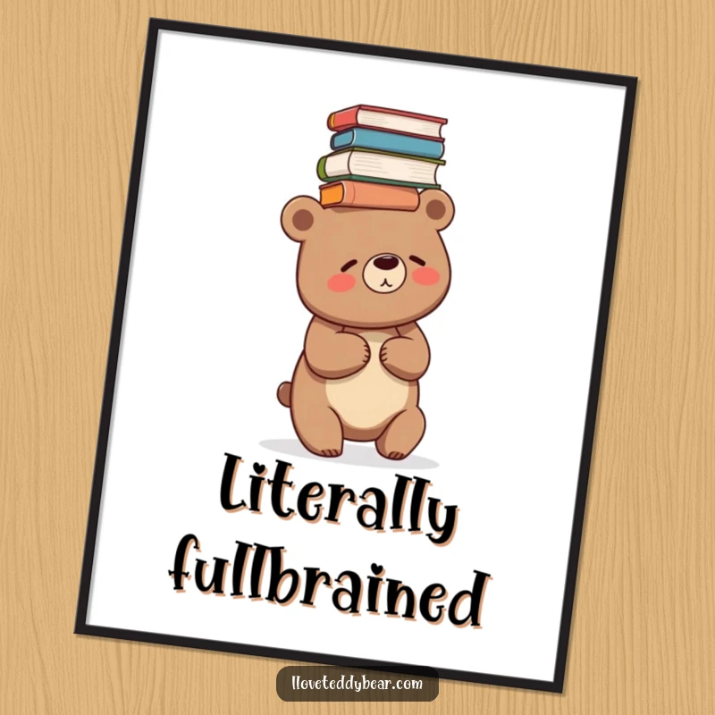 Funny digital art print of a bear giggling while precariously balancing a stack of books on its head.