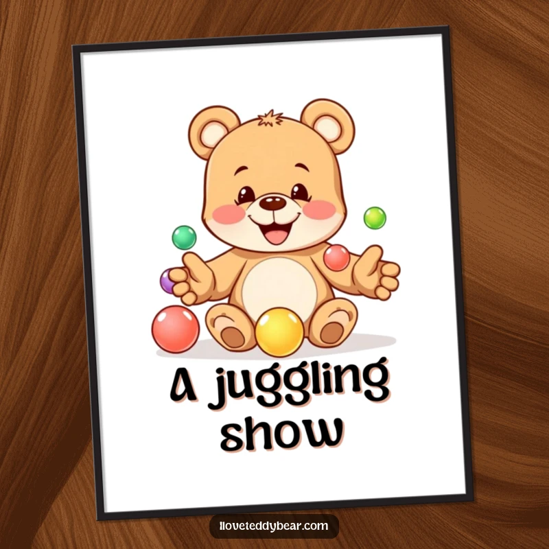 Funny digital art print featuring a playful teddy bear with a mischievous grin juggling marbles, conveying fun and skill. A perfect funny gift.