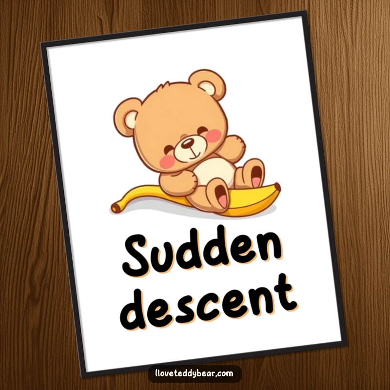 Funny teddy bear digital art print capturing a bear humorously slipping on a banana peel, ready to be displayed.