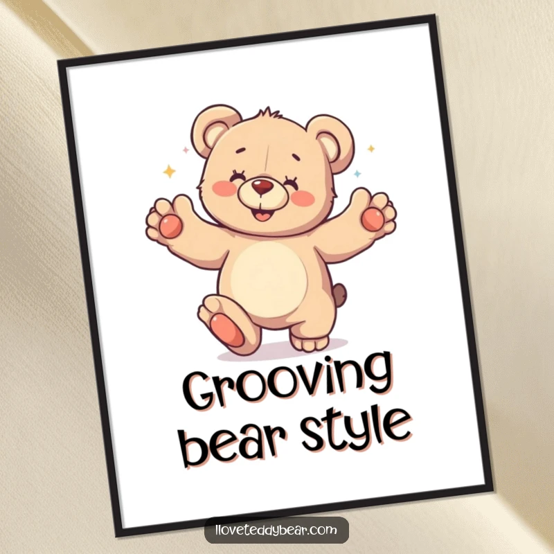 Funny Digital Art illustration of a teddy bear enthusiastically dancing with its paws raised high, embodying pure infectious joy and celebration.