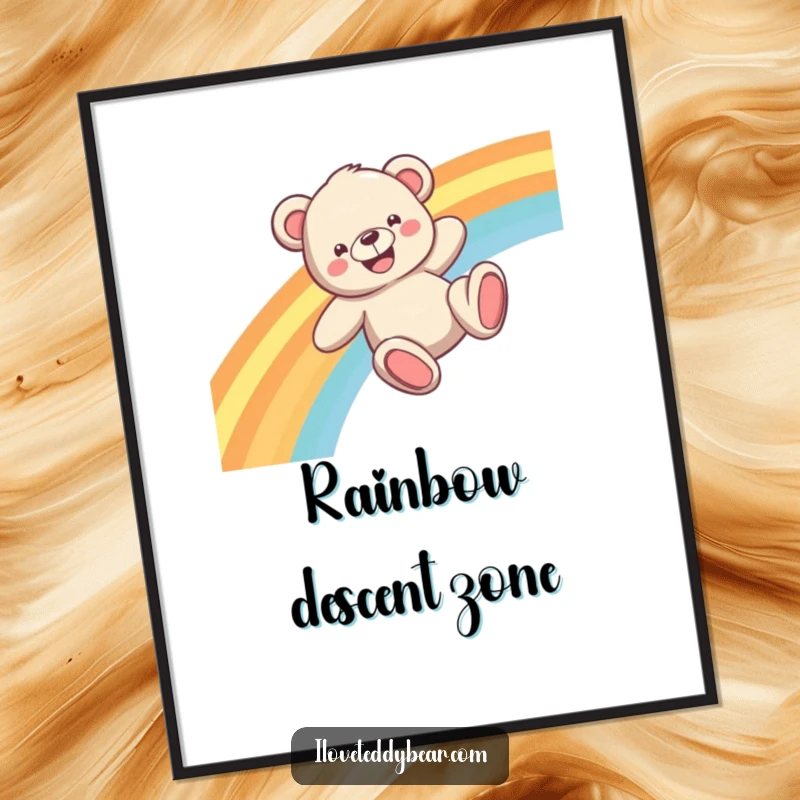 Funny Teddy Bear Digital Art Print with a happy bear sliding down a bright rainbow, instantly downloadable for joyful decor.