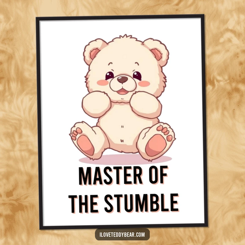 Funny digital art print depicting a fluffy teddy bear comically tripping over its own feet, symbolizing adorable clumsiness and humor.
