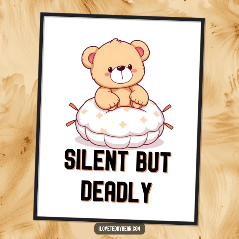 Funny teddy bear digital art print showing a bear surprised by a whoopee cushion, ready to bring laughter to any wall.