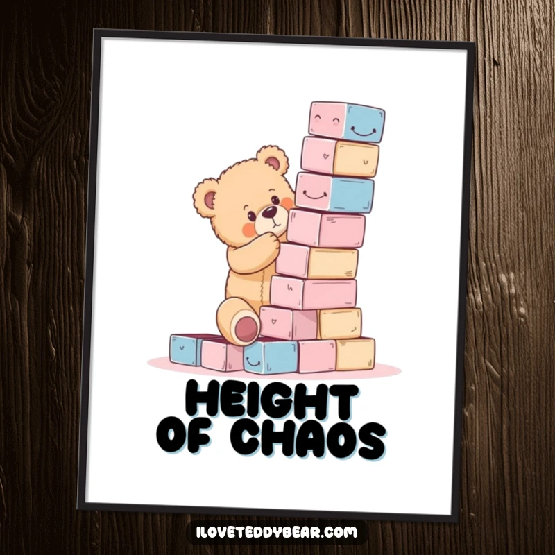 Funny teddy bear digital art print showing a bear precariously stacking blocks, ready to bring laughter to any wall.