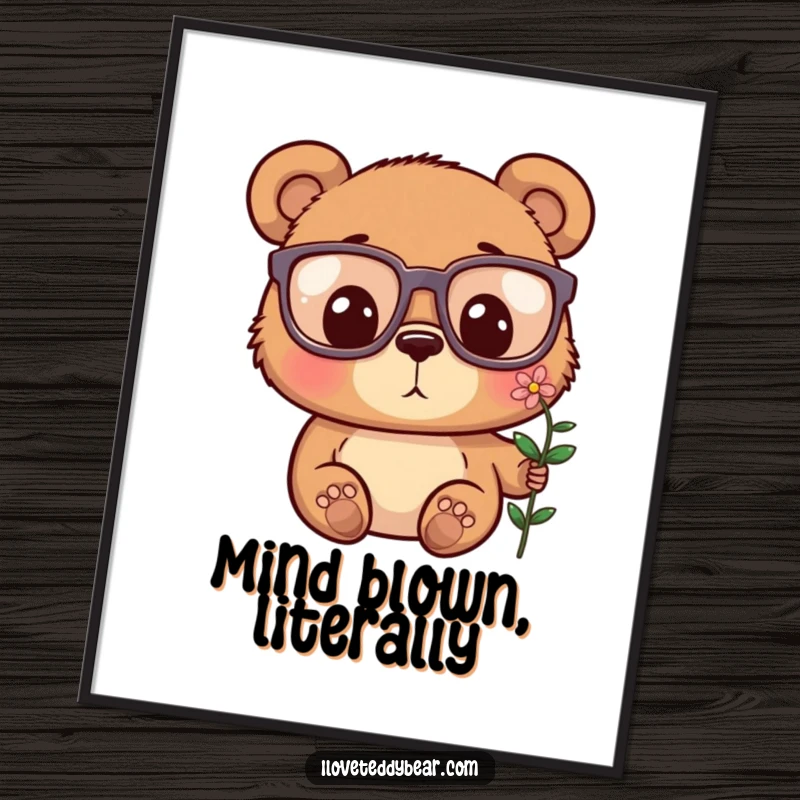 Funny digital art print of a bear wearing oversized glasses, looking with comical surprise at a tiny flower.