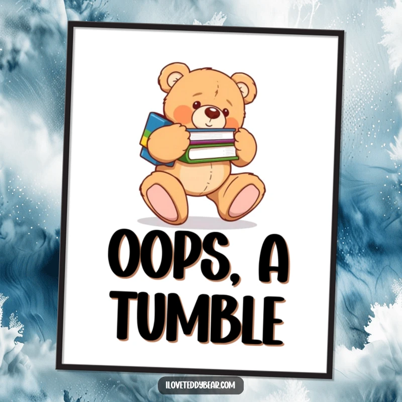 Funny digital art print featuring a clumsy teddy bear tripping over its feet, dropping books in a humorous scene. A perfect funny gift.