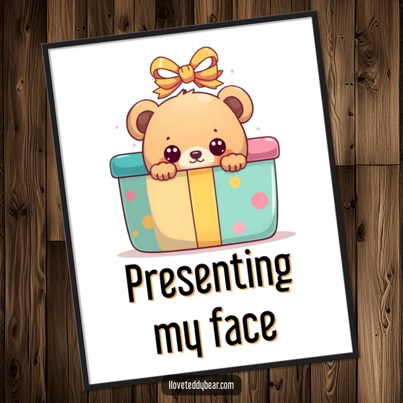 Funny digital art print of a bear peeking with wide eyes from behind a giant, colorful gift box.