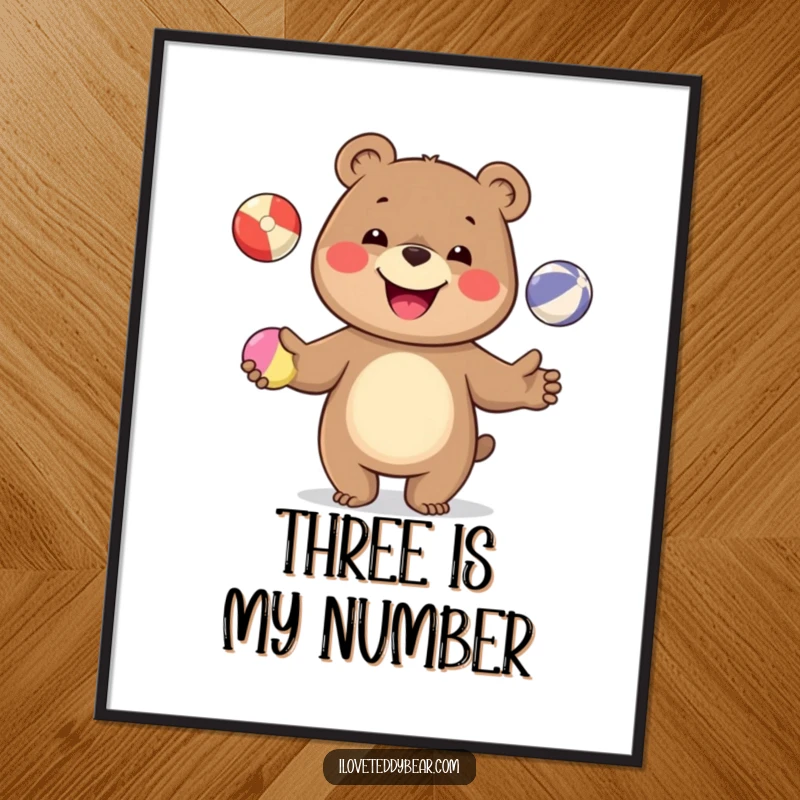 Funny digital art print of a beaming bear skillfully juggling three colorful orbs, offering instant decorative humor and charm.