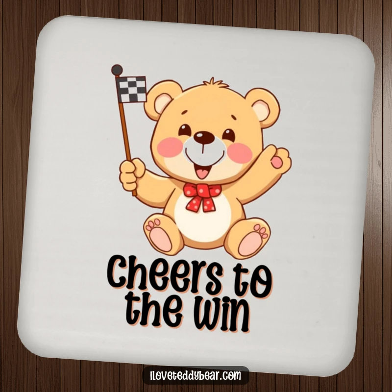 Funny Teddy Bear Racing Flag Coaster: A teddy bear waving a checkered flag, offering protective style for drinks.