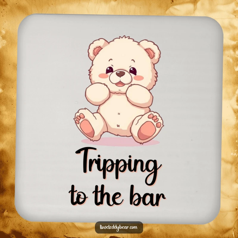Funny drink coasters featuring a fluffy teddy bear comically tripping over its own feet, bringing charming humor to any table setting.