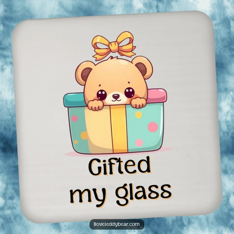 Funny drink coaster featuring a bear peeking with wide eyes from behind a large, colorful present.