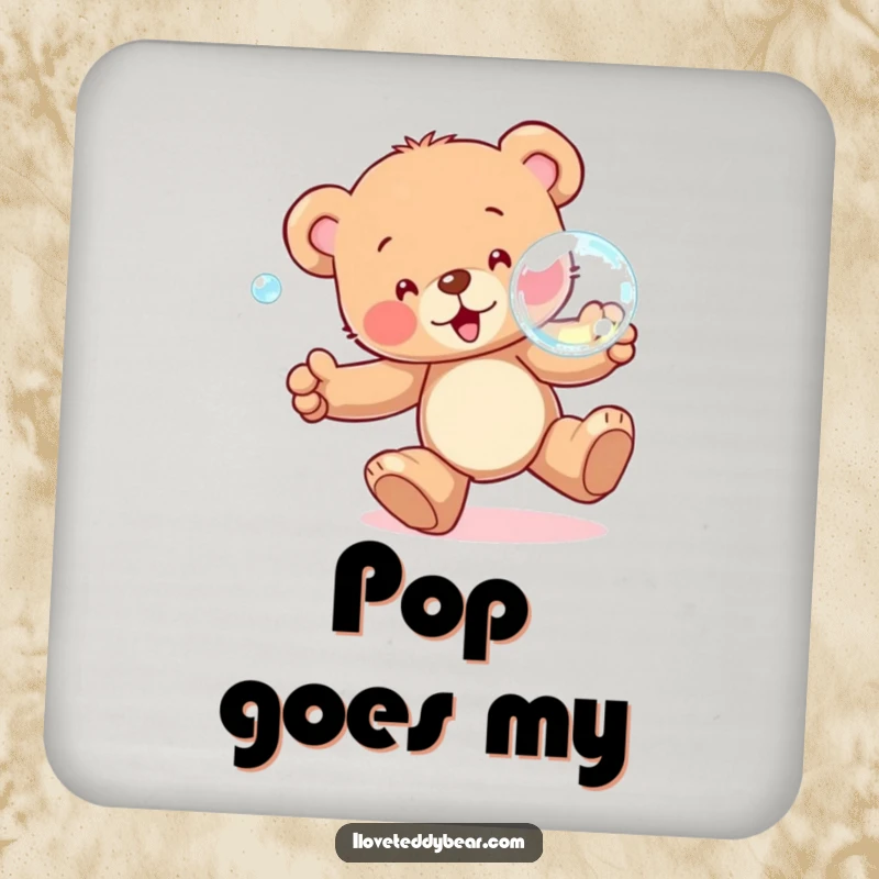Funny Drink Coaster featuring a teddy bear joyfully chasing a big, sparkling bubble, bringing playful energy to tabletops.
