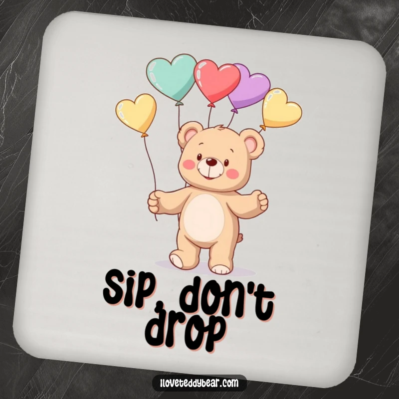 Funny Coaster showcasing a whimsical teddy bear skillfully juggling bright red heart balloons, designed to add a splash of fun to your drinks.