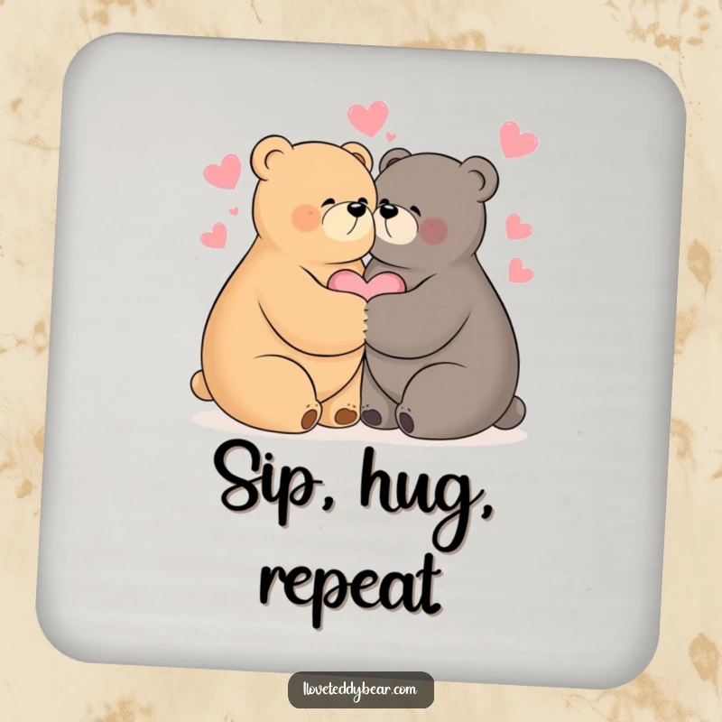 Funny drink coaster featuring two bears hugging, surrounded by hearts, adding a loving touch to any table.