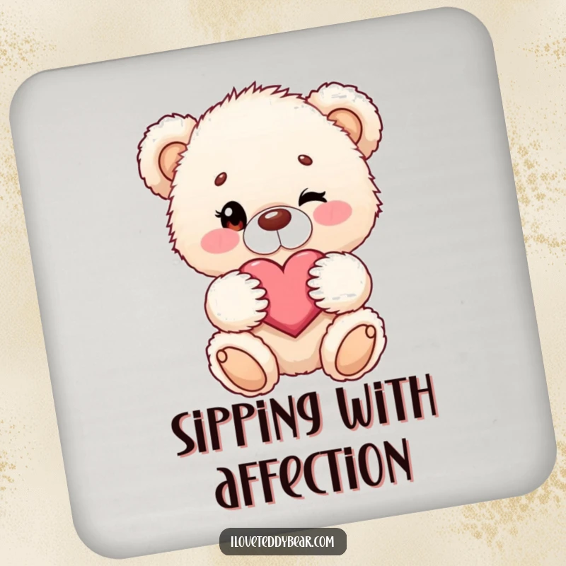 Funny drink coaster with a fluffy teddy bear winking and holding a heart, protecting surfaces.