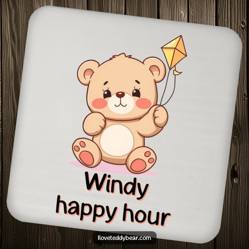 Funny teddy bear coaster featuring a bear determined to fly a kite, protecting tables with humor.