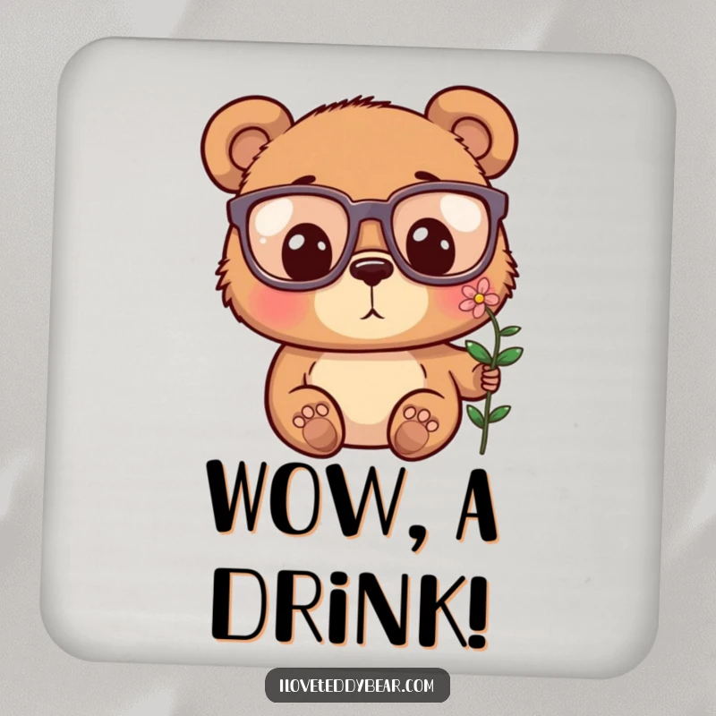 Funny drink coaster featuring a bear in oversized glasses, looking surprised at a tiny flower, adding humor.