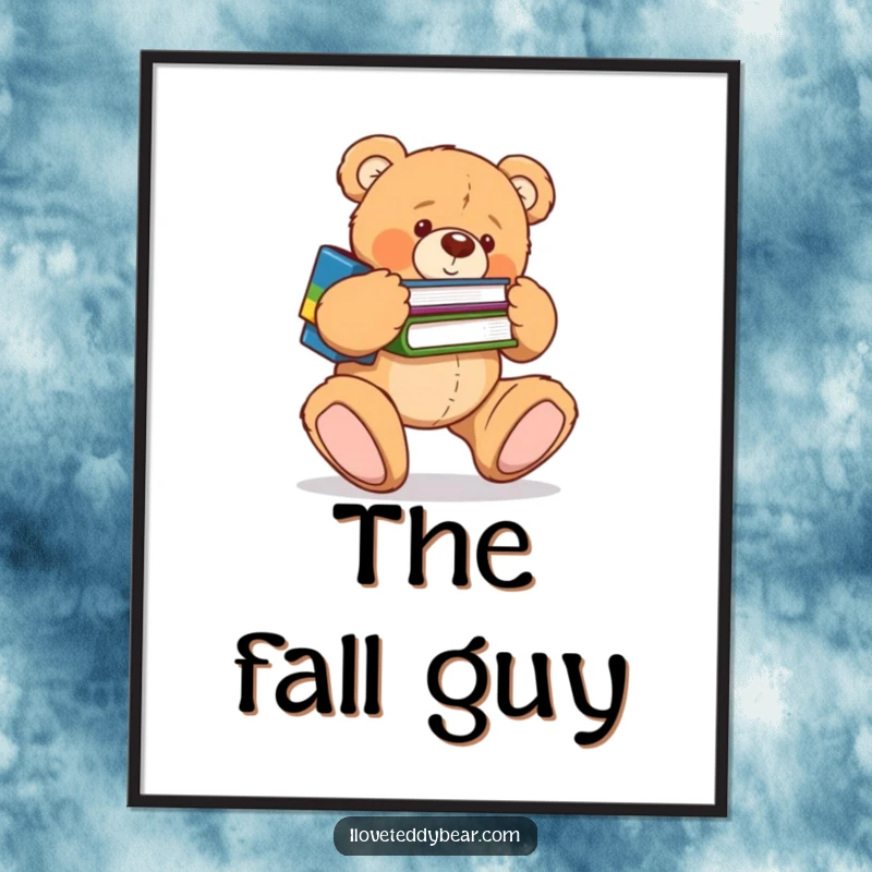 Funny poster featuring a clumsy teddy bear tripping over its feet while books fly everywhere, a humorous depiction. A perfect funny gift.