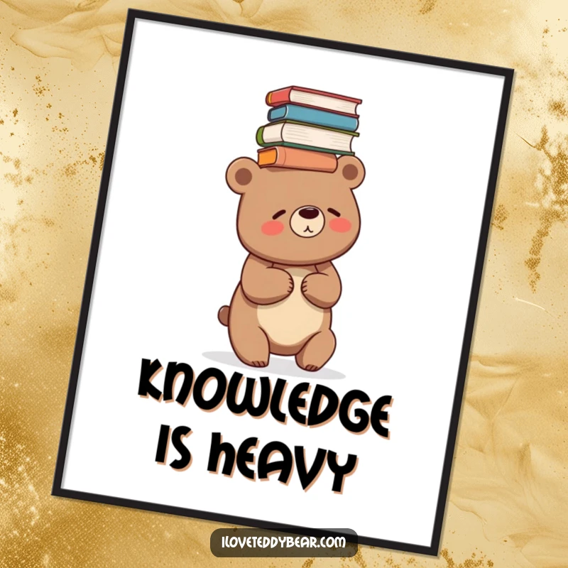 Funny poster art of a bear giggling joyfully while precariously balancing a large stack of books on its head.