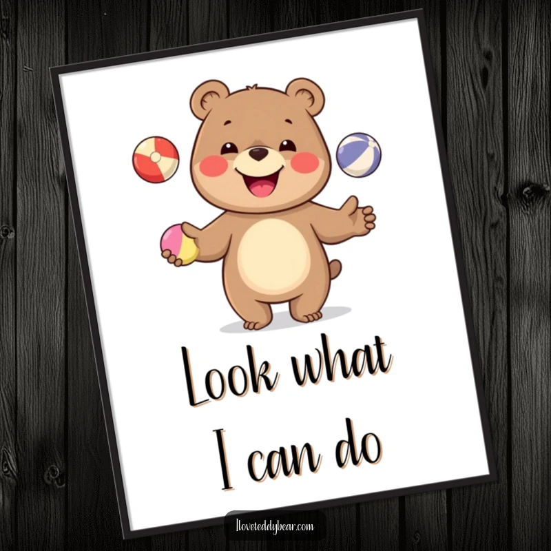 Funny poster of a happy bear in mid-juggle with colorful balls, bringing a vibrant and humorous artistic touch to any wall.
