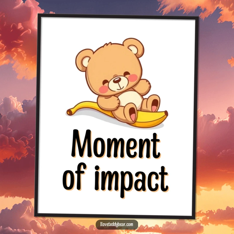 Funny teddy bear poster showcasing a bear comically sliding on a banana peel, a classic slapstick moment captured in art.