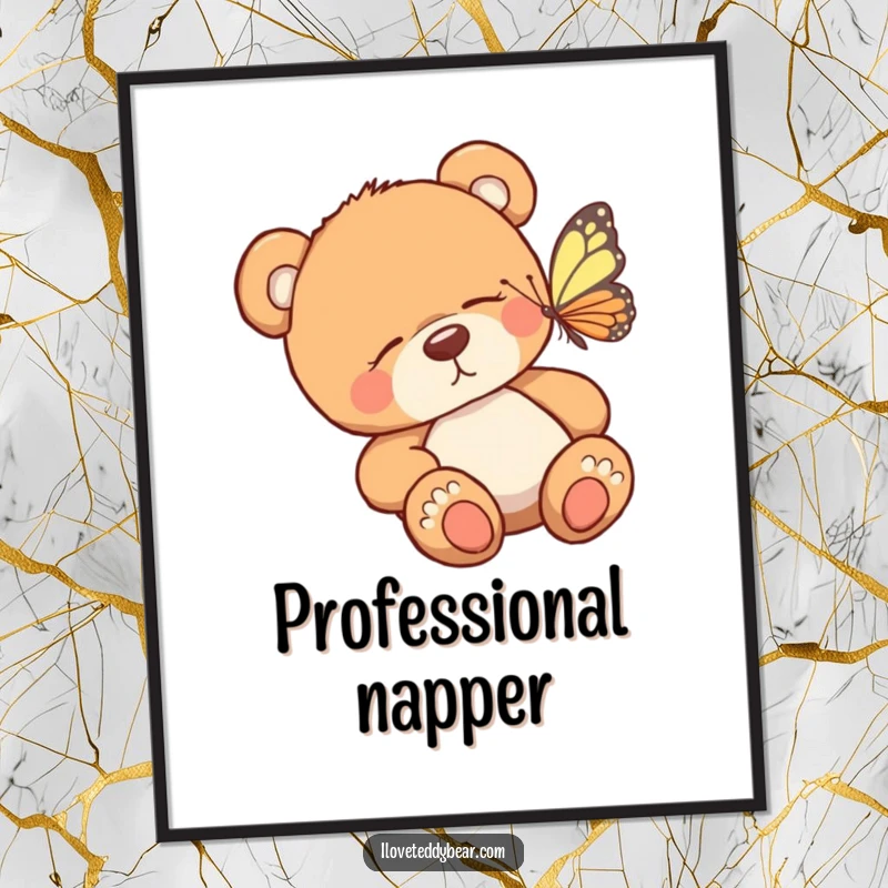 Funny poster art of a sleepy teddy bear and a small butterfly, depicting a tender and humorous moment of awakening for wall decor.