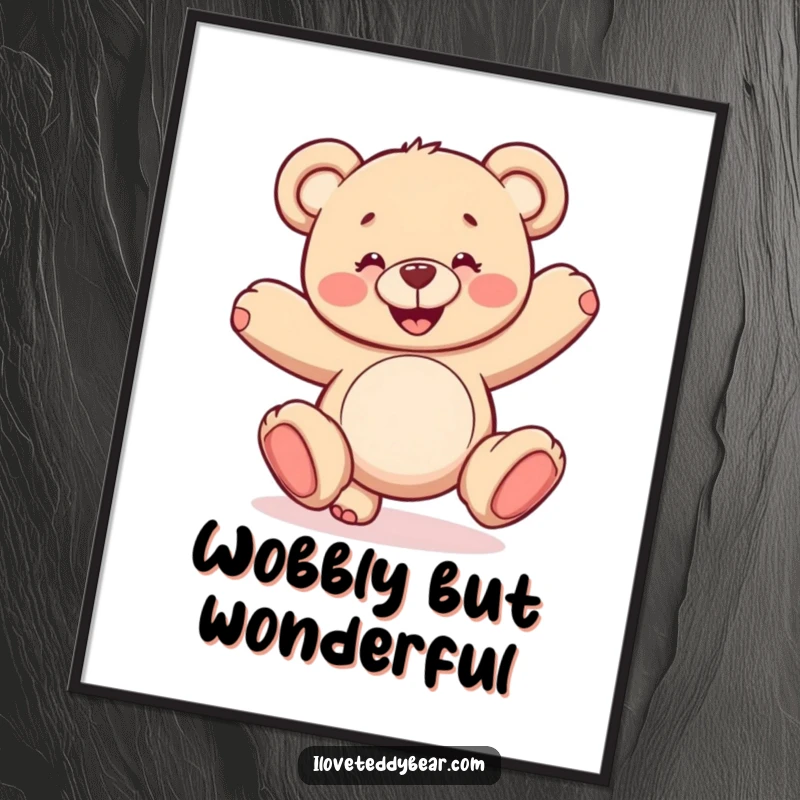 Funny poster art of a teddy bear with a huge smile doing an unstable cartwheel. Humorous wall decor for any room.