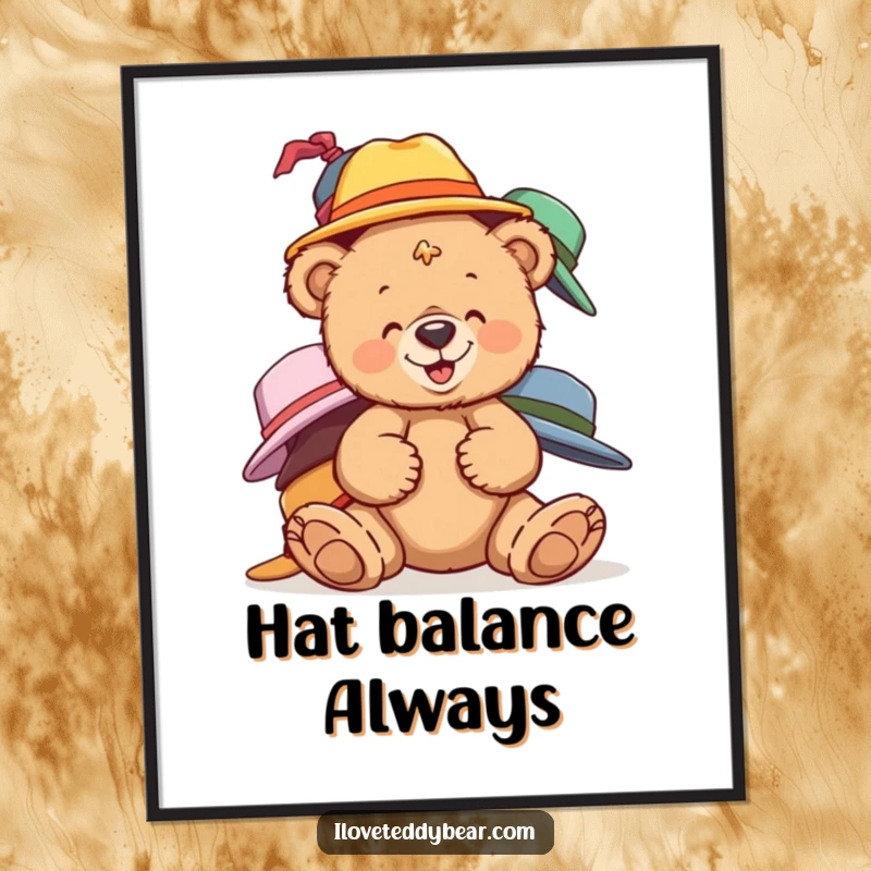 Funny teddy bear poster showing a bear giggling while balancing mismatched hats, ideal for humorous wall art.