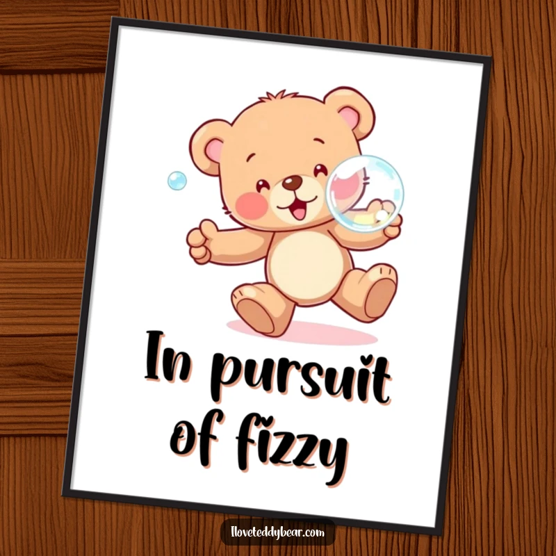 Funny Poster print of a teddy bear ecstatically chasing a large, sparkling bubble, evoking feelings of childlike wonder and playful delight.