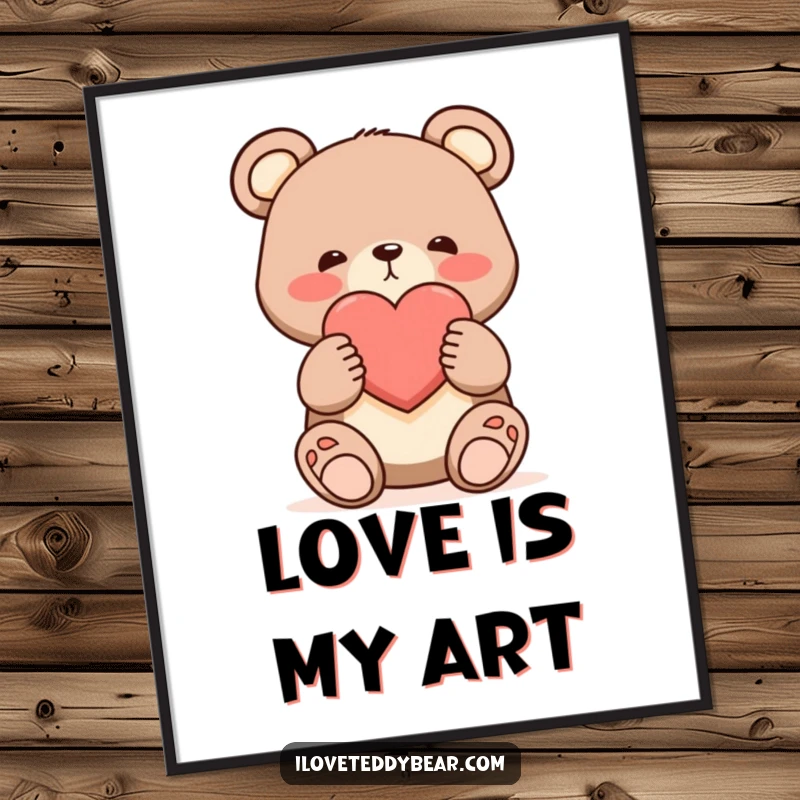 Funny shy bear poster, bear offering a single large heart with a blush, adorable cartoon art, romantic wall decor.