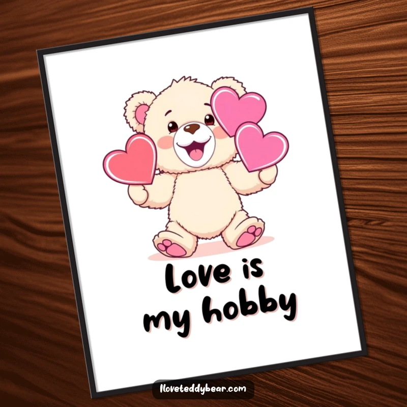 Funny fluffy teddy bear grinning while juggling three big hearts, perfect for a funny poster.