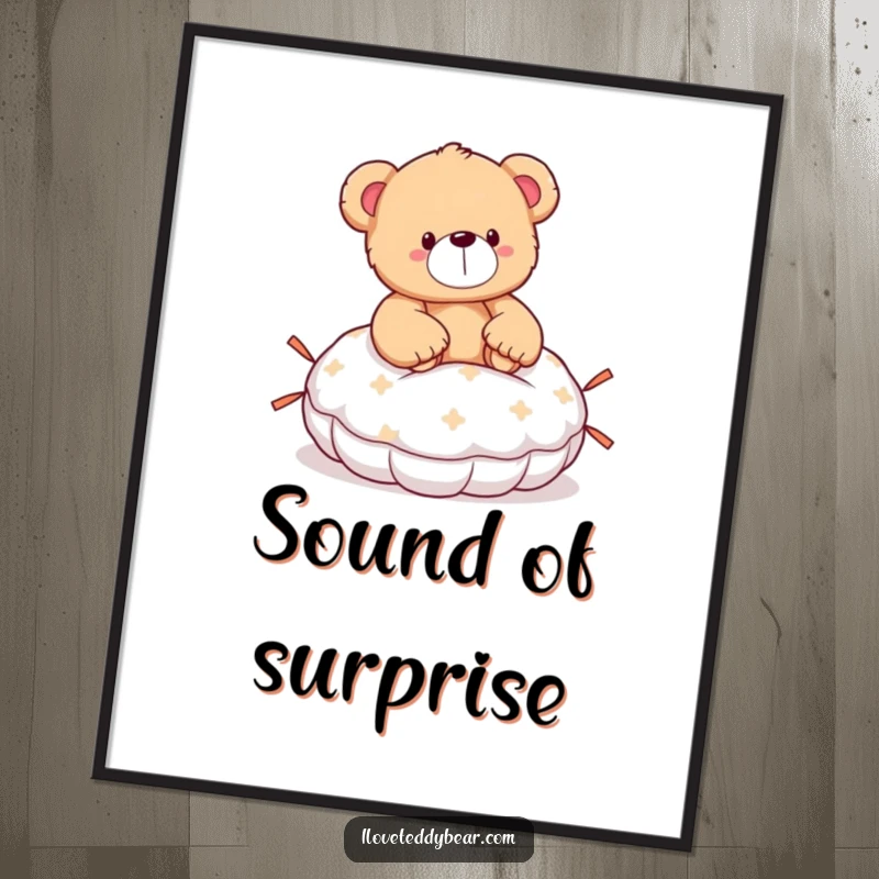 Funny teddy bear poster showing a bear with a surprised expression, having accidentally sat on a whoopee cushion, a comical scene.