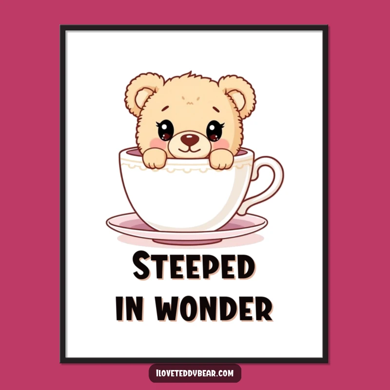 Funny Teddy Bear Teacup Peek Poster - Charming Wall Art Gift