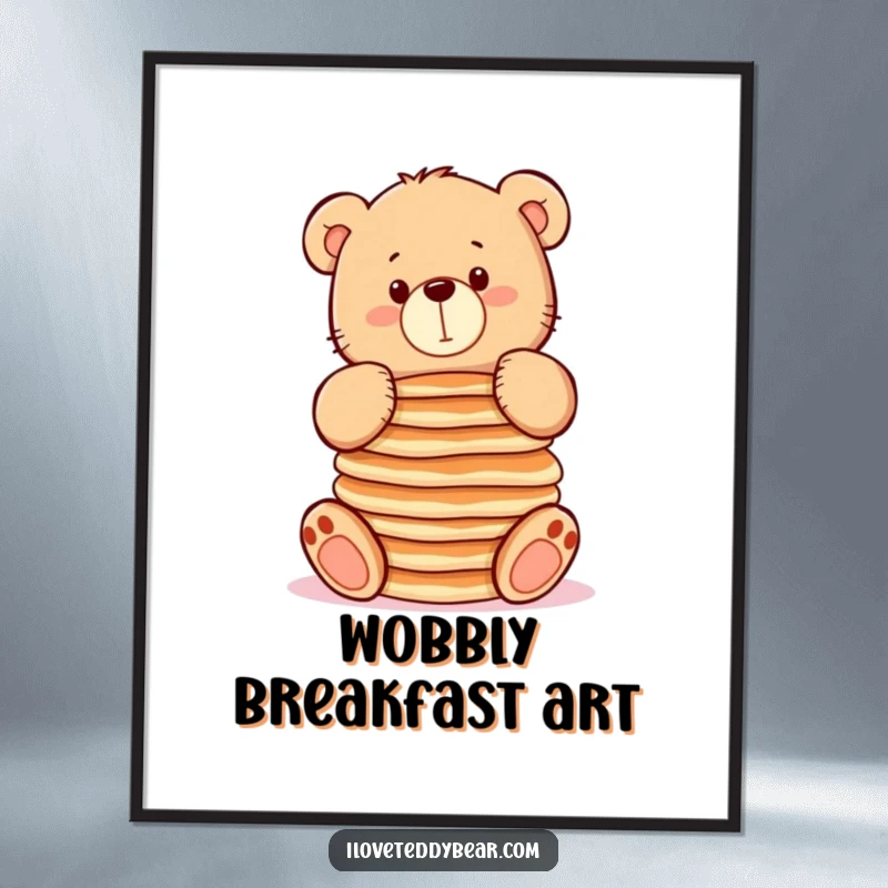 Funny poster showing a chubby teddy bear attempting to balance a stack of pancakes, adding humorous breakfast decor.