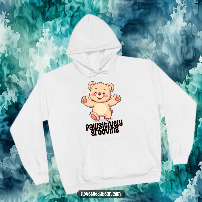 Funny Hoodie illustration of a teddy bear in a hilarious, spontaneous dance with paws raised high, symbolizing carefree celebration and energy.