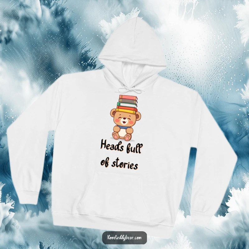 Funny Hoodie: A giggling teddy bear comically balances a stack of colorful books on its head, embodying intellectual playfulness and humor.