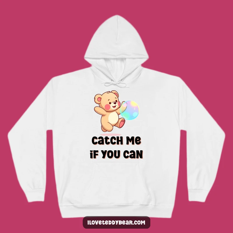 Funny Teddy Bear Bubble Chase Hoodie: Cozy Joyful Comfort